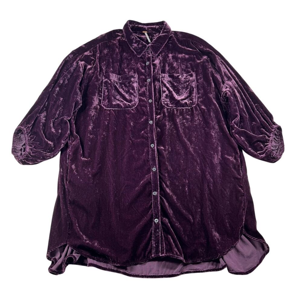 Free People Lux Velvet Shirtdress XS Rich Plum Tunic Button Up Oversized Fit